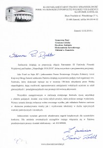 pismo objęcia patronatem przez Posła Sławomira Zawiślaka